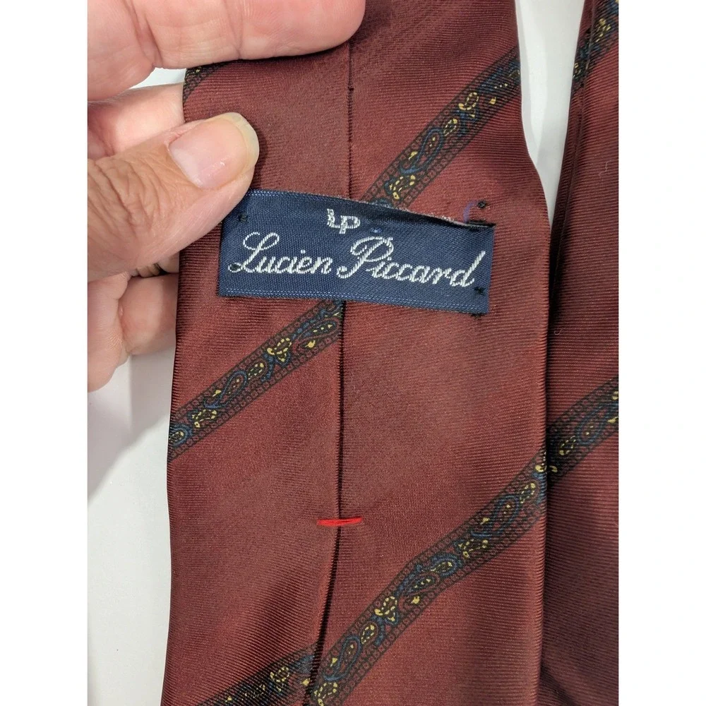 VTG Lucien Piccard Burgundy Silk Paisley Diagonal Stripe Necktie Made in Italy